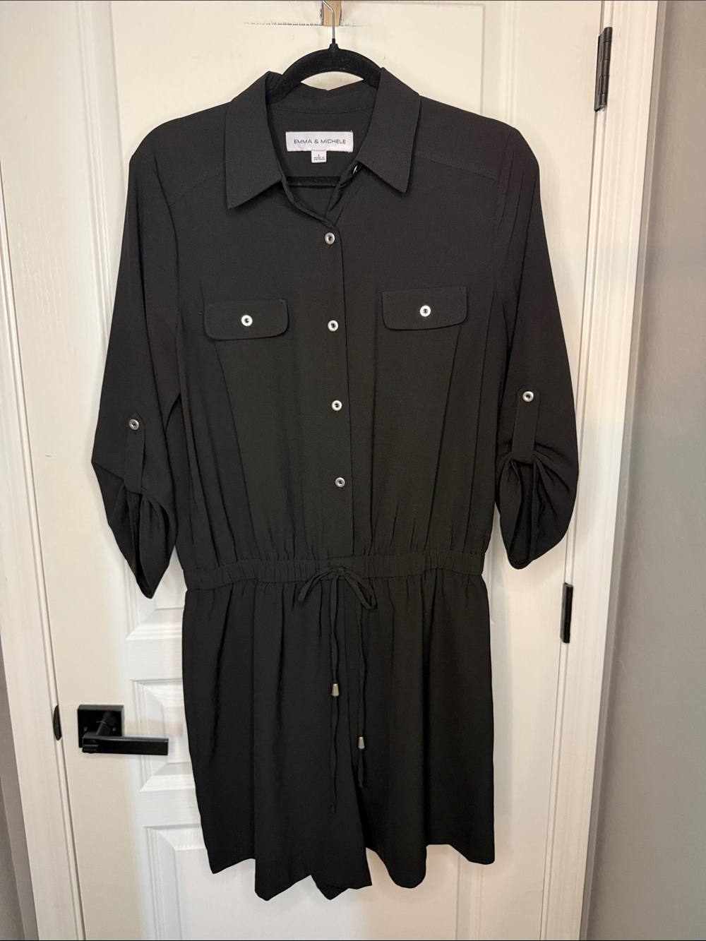 Emma & Michele Black Button-Front Drawstring Romper - Picture 2 of 9
